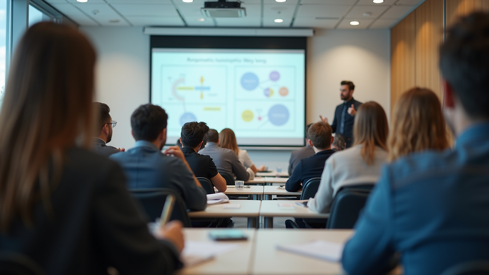 Eye-level view of a training room with a focused individual taking notes