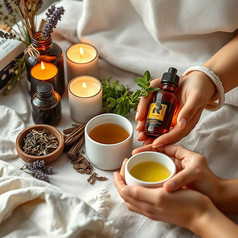 botanical herbs, tea preparation, candles glowing, soft linen textures, hands holding mass