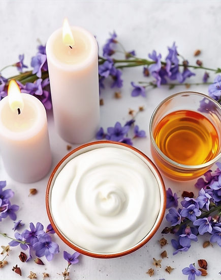 botanical herbs, tea preparation, candles glowing, soft linen textures, hands holding mass