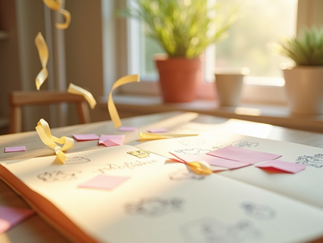 Open journal with playful sketches and scattered sticky notes on a sunlit desk, symbolizing gentle self-care and creative expression.
