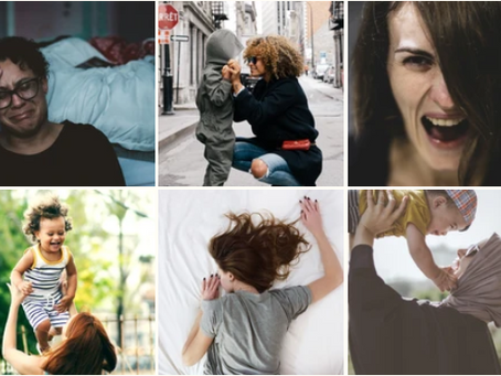 A collage showing the emotional spectrum of motherhood—from stress and exhaustion to joy, connection, and vulnerability