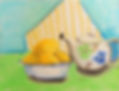 A pastel still life painting of a bowl of lemons and a floral teapot against a striped yellow and white background, exuding a soft, nostalgic feel.