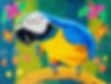 A colorful pastel drawing of a blue and yellow parrot perched on a branch amidst a backdrop of vivid flowers and lush greenery.