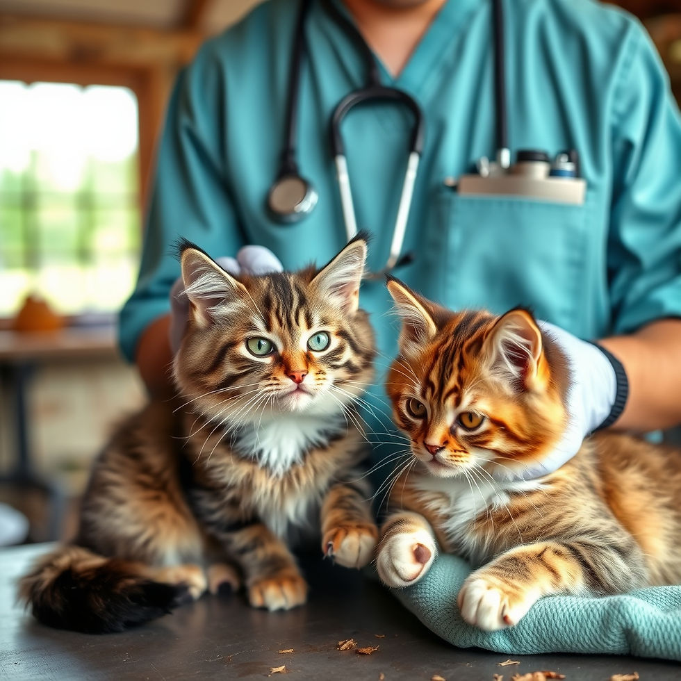 Image of veterinarian performing service on cats onsite at a farm__Make kittens Maine Coon