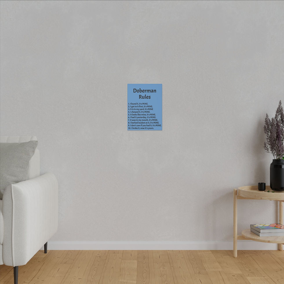 Thumbnail: Canvas Print - House Rules for Doberman Families on Blue Canvas