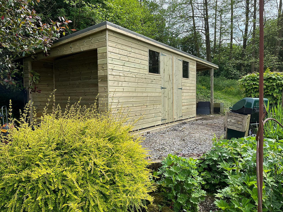 Bespoke shed with double doors, two square windows, a log store, and overhang