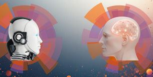 A graphic depicting an AI robot facing a human with a brain lit up. The human is trying to understand the robot's technobabble.