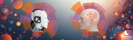 A graphic depicting an AI robot facing a human with a brain lit up. The human is trying to understand the robot's technobabble. 