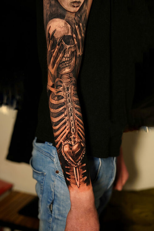 realistic black and white horror tattoo sleeve scull stockholm viking tatuering