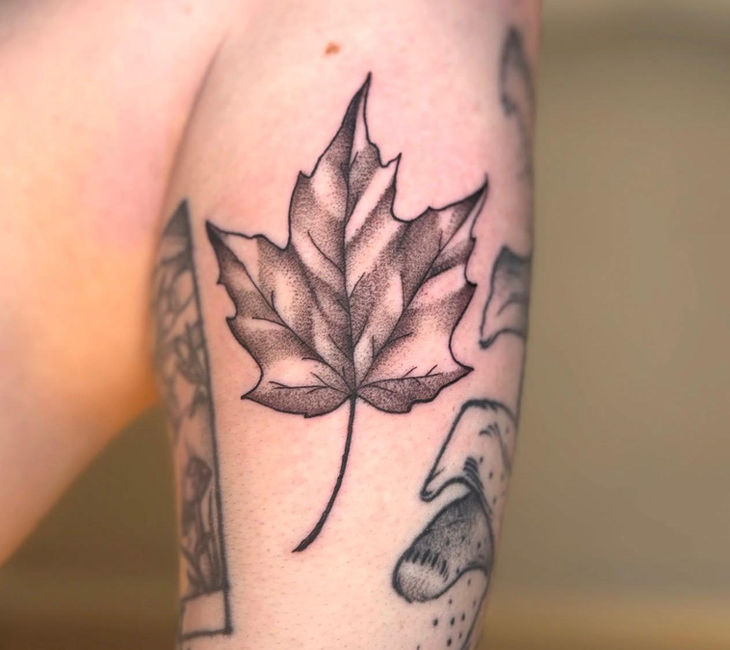 Black and grey maple leaf tattoo with soft shading by Draven Toews in Winnipeg.