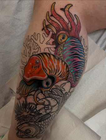 Nautilus and colorful cephalopod tattoo on leg with coral reef background by Mad Bowen Tattoos