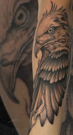 Forearm tattoo of a detailed eagle head and wing in black and grey style.