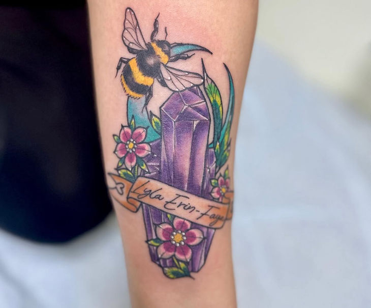 Neo trad crystal tattoo, neo traditional bee tattoo