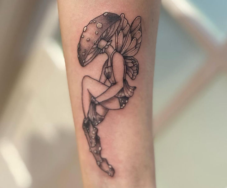 fine line tattoo, mushroom fairy tattoo, black and grey tattoo