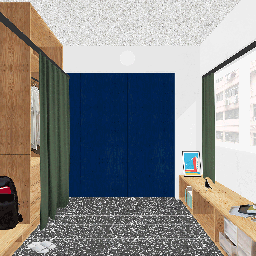 Studio eric yuen, apartment with one wall, looking out from sleeping area