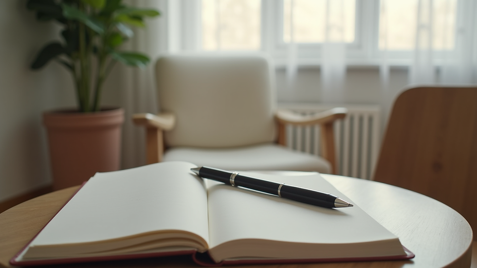 Close-up view of a calm therapy room with a notebook and pen on a small table