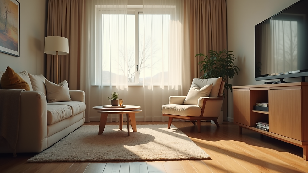 Eye-level view of a cozy living room with a comfortable chair and soft lighting