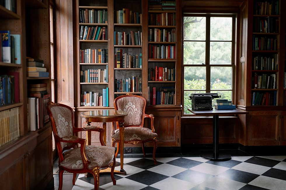 The library room of a wedding venue.