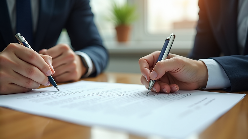 Close-up view of a real estate contract being signed on a wooden table