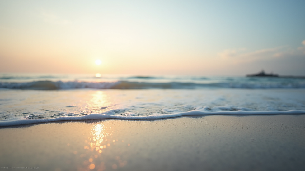 Eye-level view of a calm beach with gentle waves and soft morning light