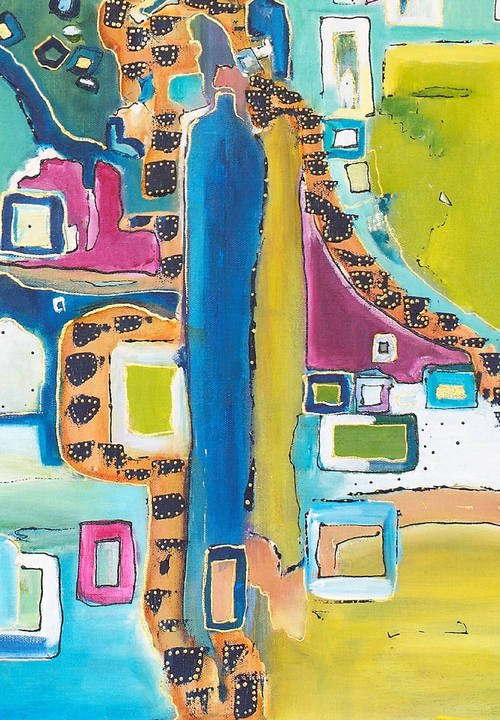 Miniature : Abstract art with blue, yellow and pink shapes, vibrant painting details.