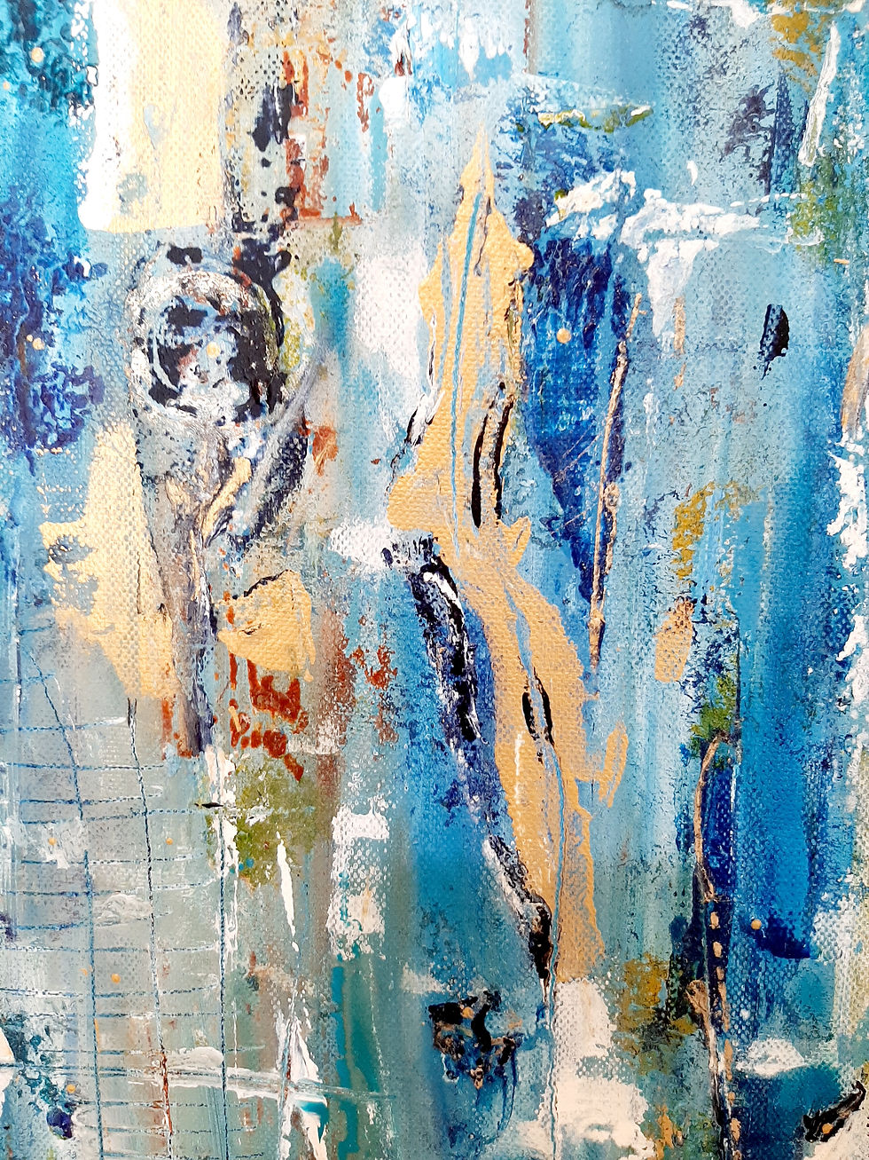 Miniature : Abstract art with blue, gold, and white streaks with a layered look.