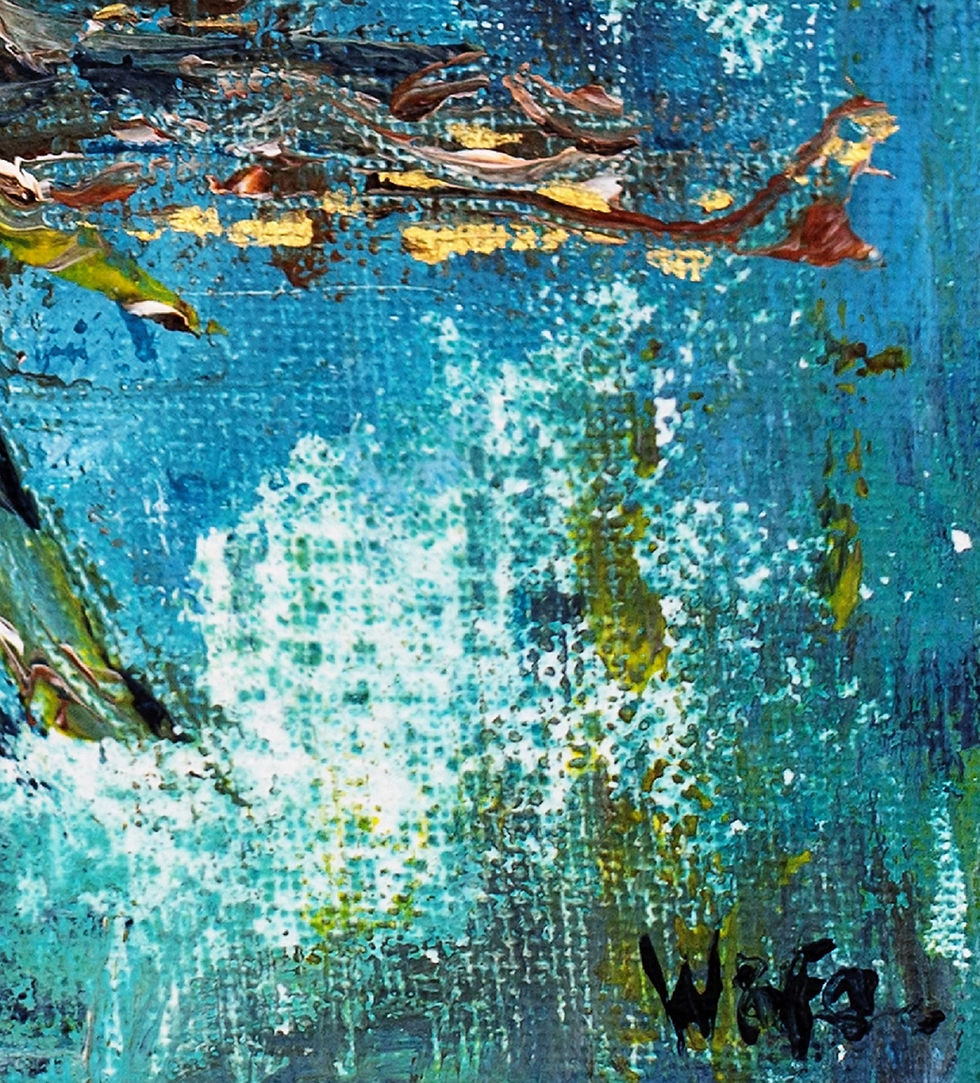 Miniature : Abstract art with blue, white, and brown colors with the artist's signature.