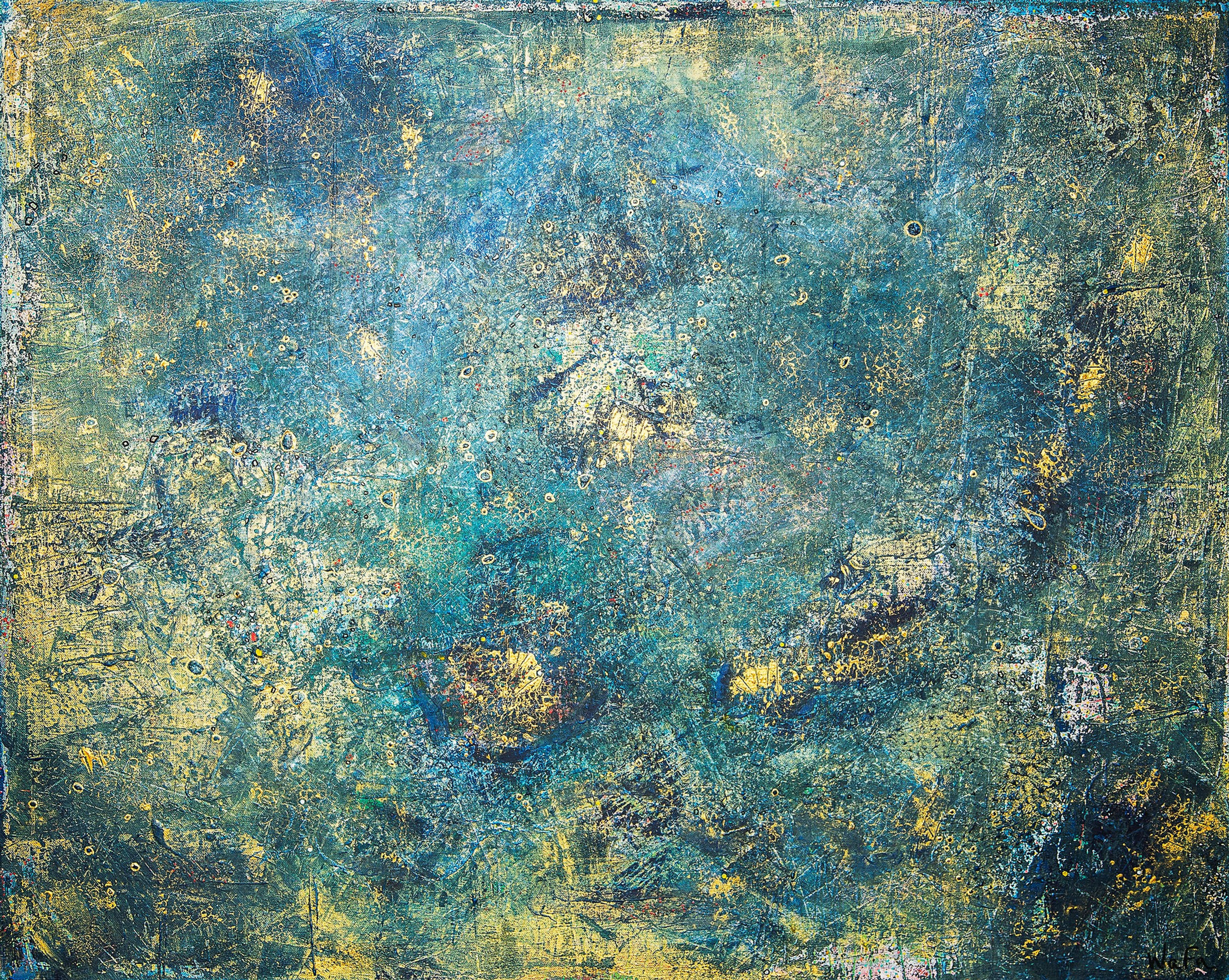 Abstract art of blue and yellow colors, textured and layered background.