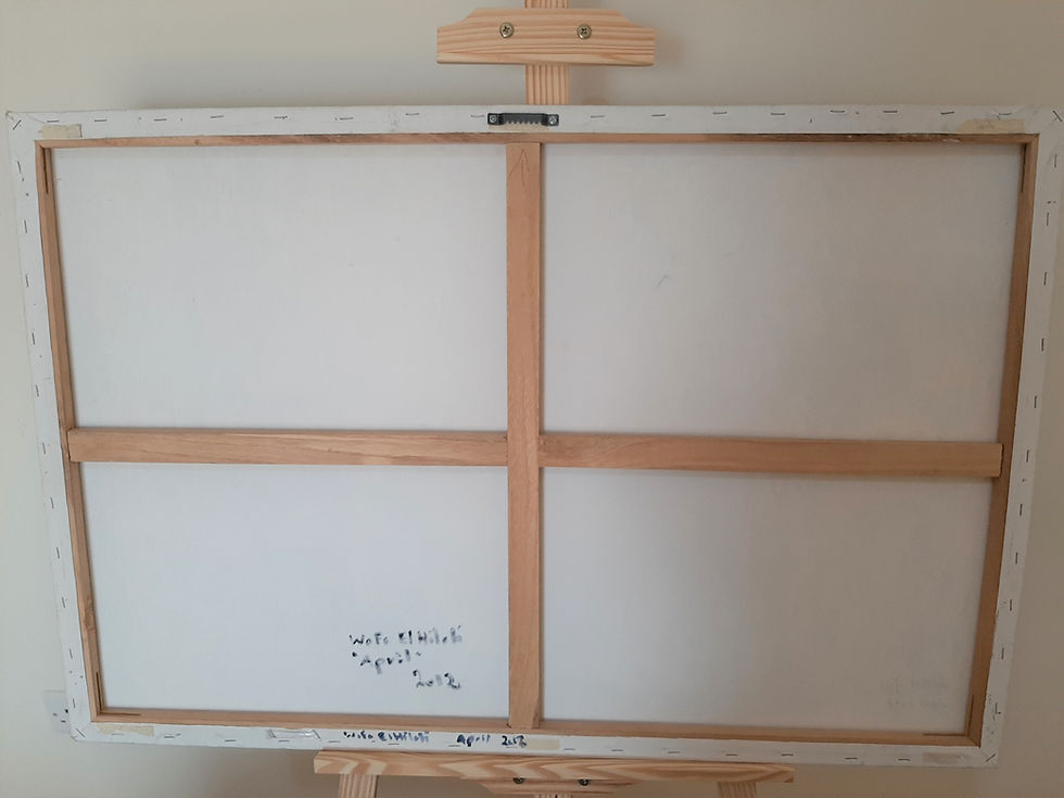 Thumbnail: Back of a canvas, wooden frame, April 2012, with artist signature and details.