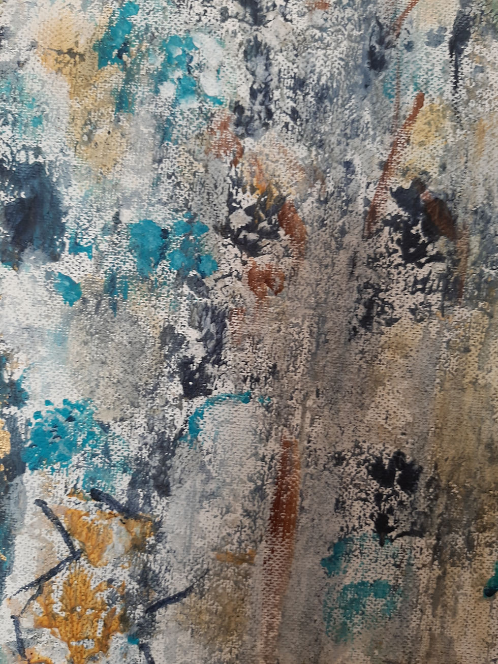 Miniature : Abstract art with blue, gold, and gray colors on a textured canvas.