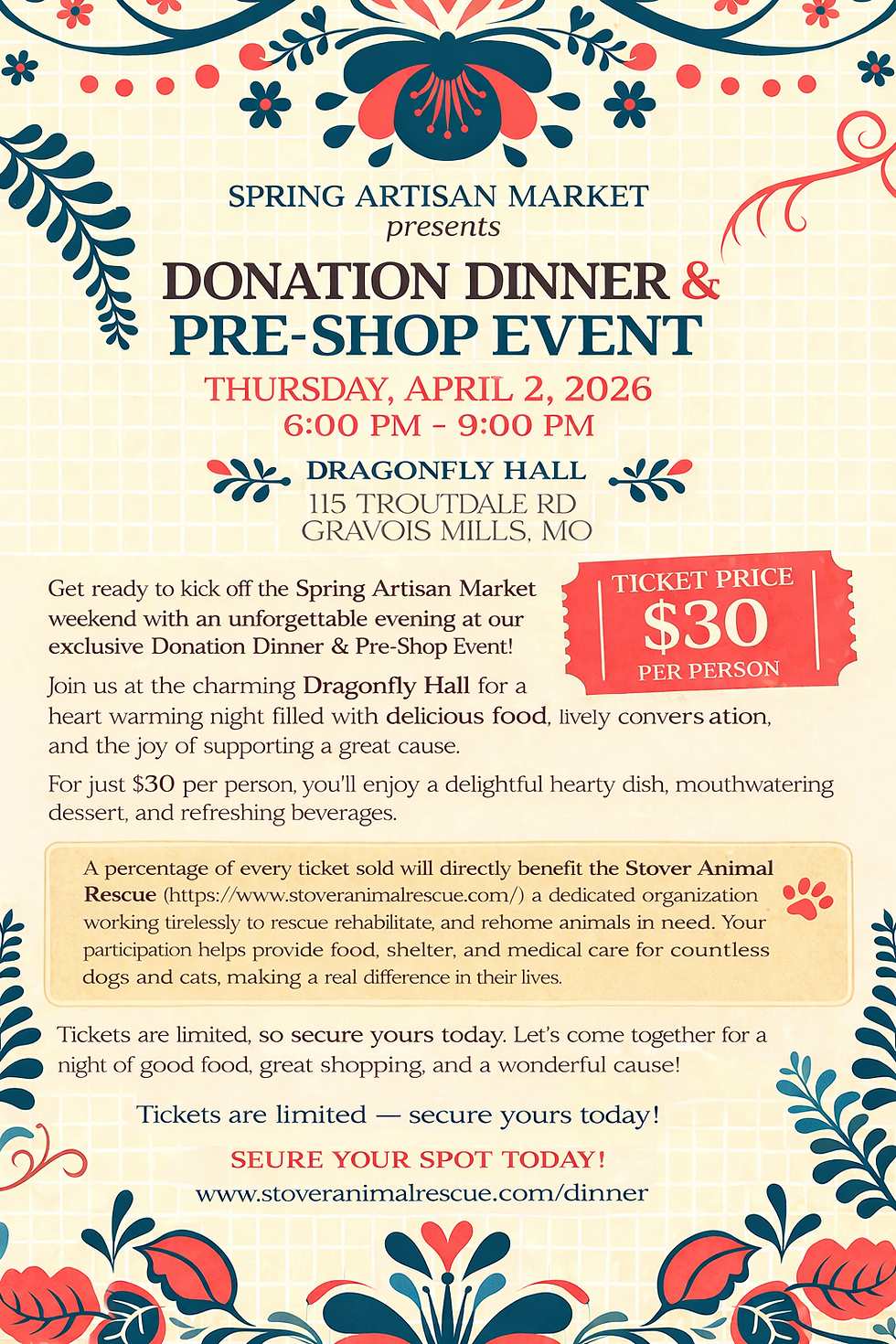 Tickets for Spring Artisan Market Donation Dinner