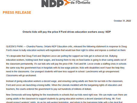 Ontario kids will pay the price if Ford drives education workers away: NDP