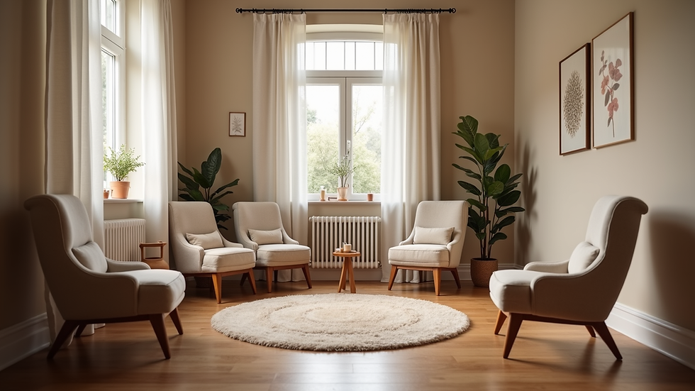 Eye-level view of a cozy therapy room with chairs arranged in a circle