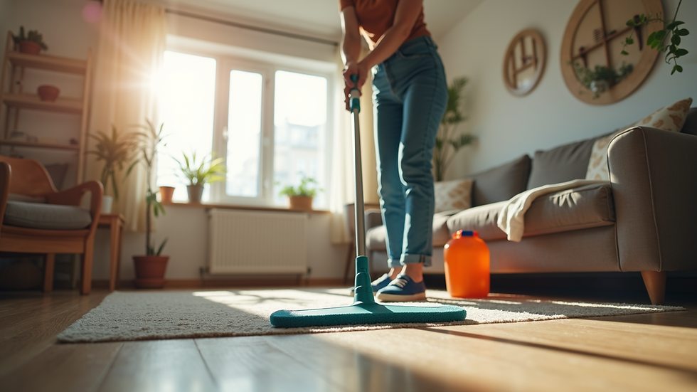 Eye-level view of a professional cleaner in an organized living room