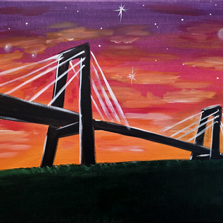 PAINTING OF THE SILHOUETTE OF THE HALE BOGGS BRIDGE AND LEVEE AGAINST A SUNSET SKY.
