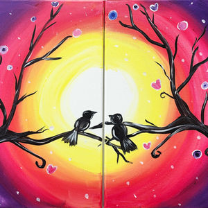 IMAGE OF TWO PAINTINGS SIDE BY SIDE. TOGETHER THE PAINTINGS MAKE THE IMAGE OF TWO SMALL BIRDS ON TWIGGY BRANCHES SET AGAINST A MOONLIT NIGHT. THE NIGHT IS PAINTED ABSTRACTLY WITH CONCENTRIC CIRCLES THAT FADE INTO ONE ANOTHER, STARTING WITH WHITE AND THEN INTO PINK AND THEN PURPLE. INSTEAD OF LEAVES, THE BRANCHES ARE BARE WITH THE EXCEPTION OF HEARTS AND TINY DOTS LIKE SPARKLES. THE ATMOSPHERE IS ROMANTIC.