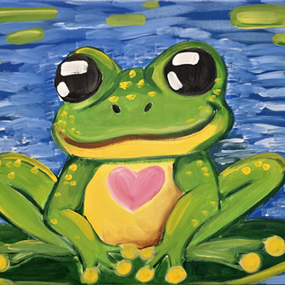 PAINTING OF A CUTE FROG SITTING ON A LILY PAD IN A POND WITH A HEART ON ITS TUMMY.