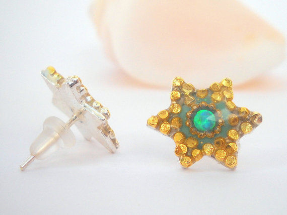 תמונה ממוזערת: Gold & Turquoise,star of david earrings