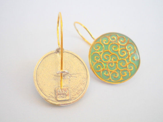 תמונה ממוזערת: Gold Green Sterling silver spirals earrings