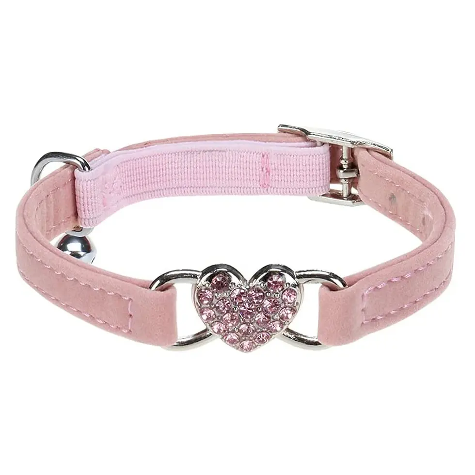 Thumbnail: Suede Collar Cat Kitten Dog Puppy Pet Safety Release Adjustable Heart Bling Pink