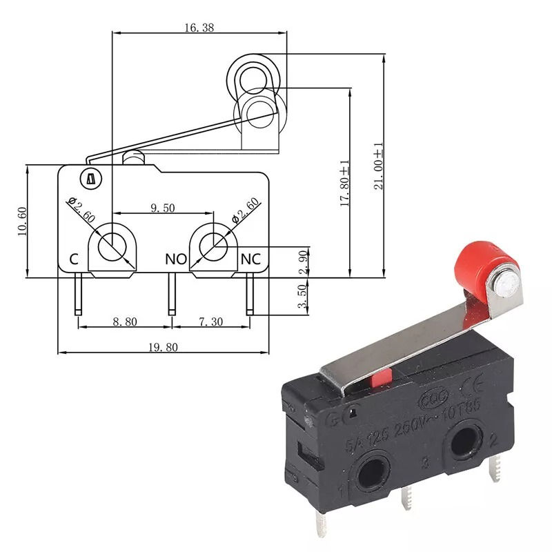 Thumbnail: 10-50Pcs Micro Roller Lever Arm Open Close Limit Switch KW12-3 PCB Microswitch