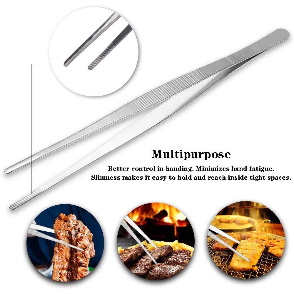 Silver Stainless Steel Long Food Tongs Straight Tweezers Kitchen Tool