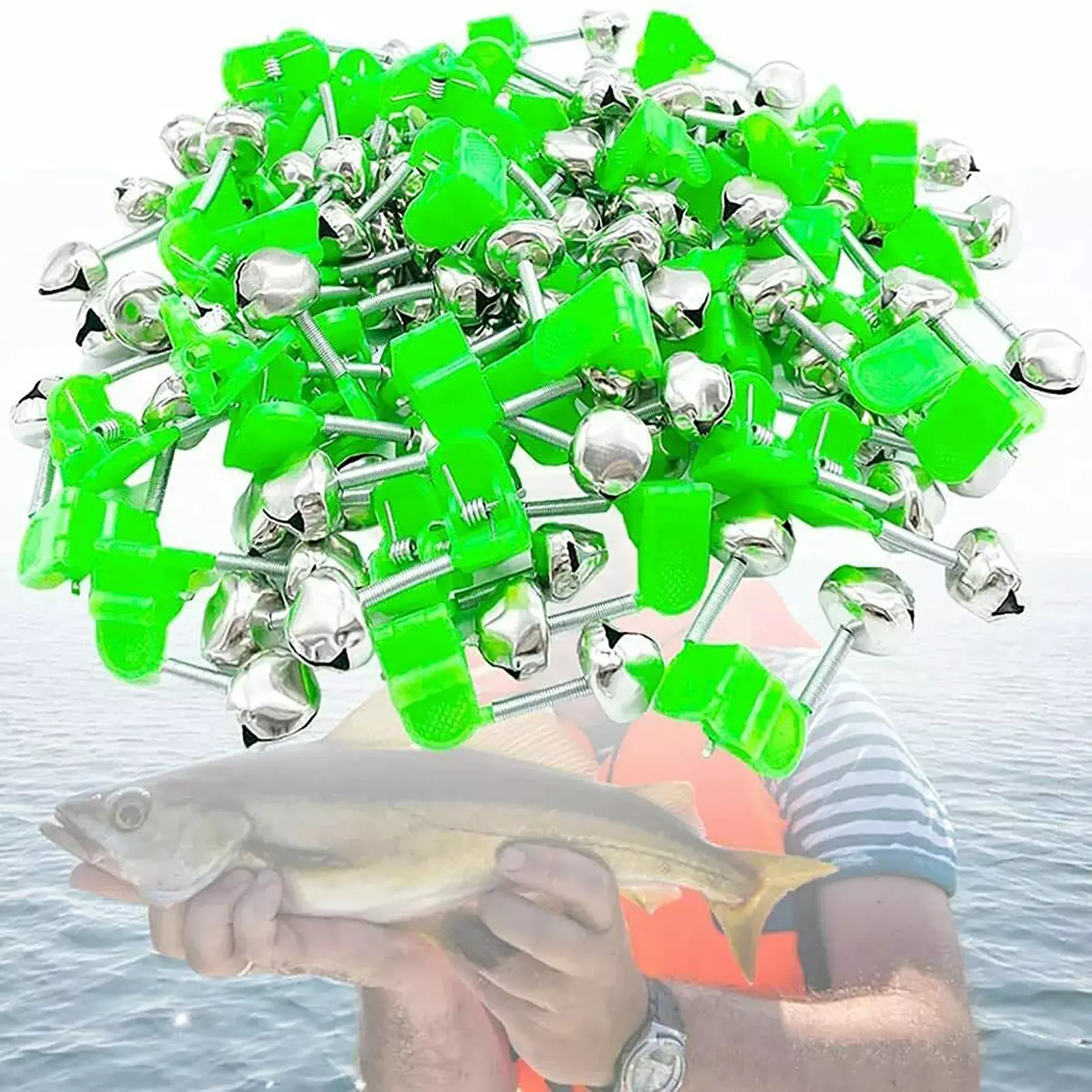 10pcs Green Plastic Clip Fishing Rod Double Rod Bite Alarm Fishing Bells Ring AU