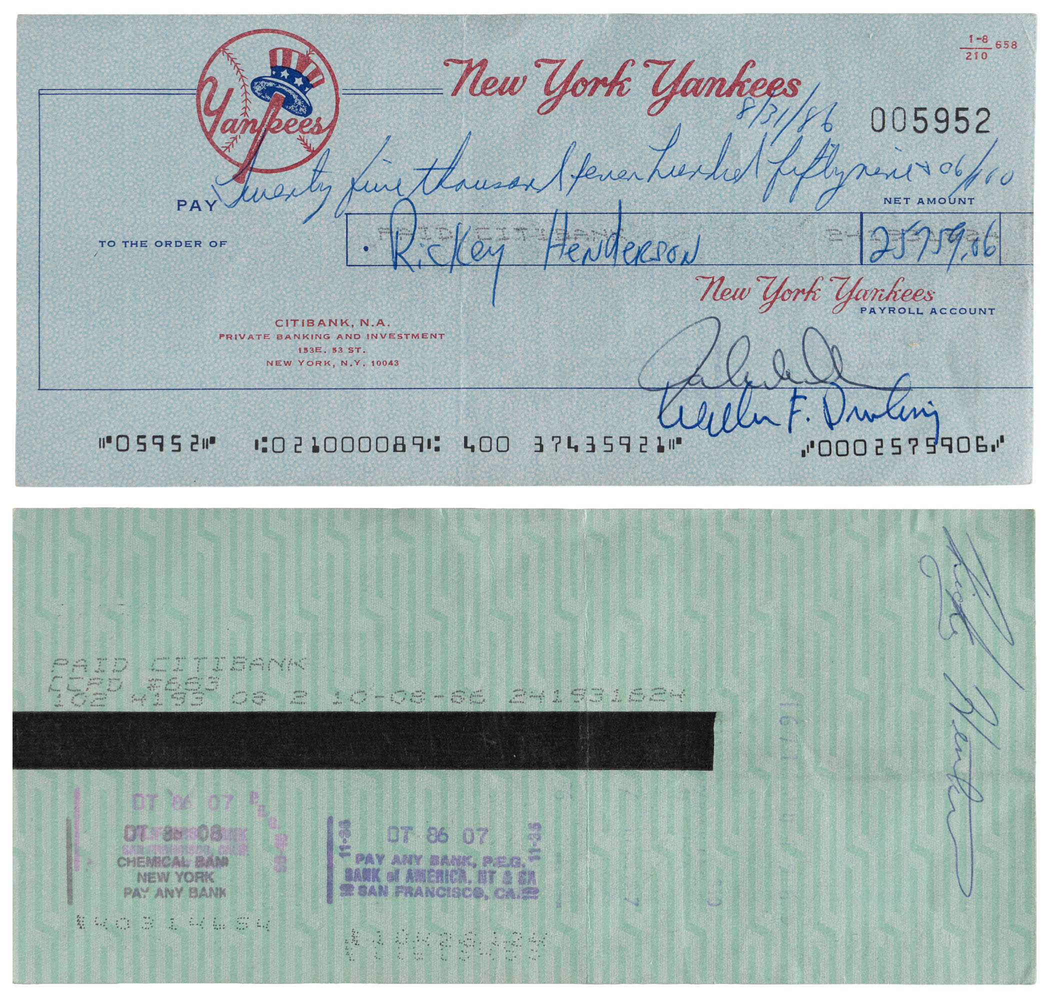 Payroll Check - The Stolen Base Legend Rickey Henderson's takehome from 8/31/986