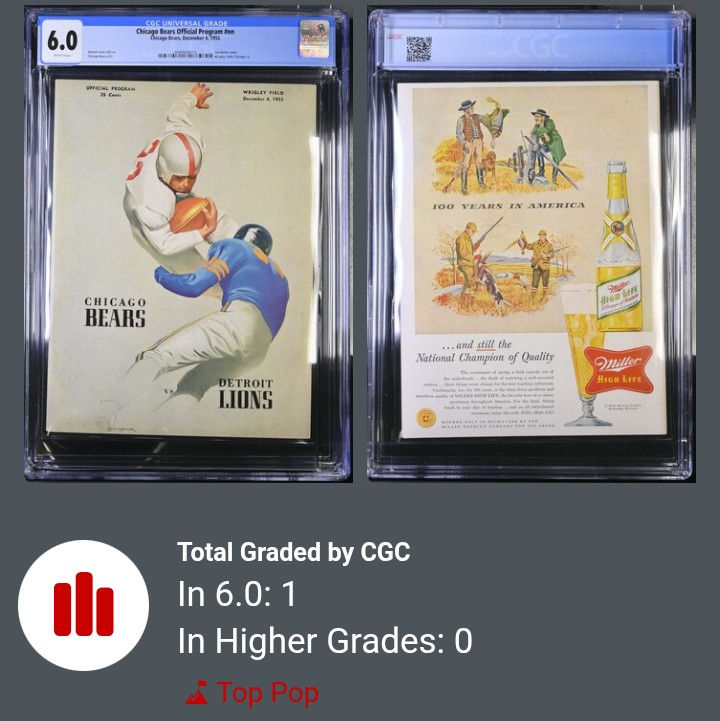 Thumbnail: 12/4/1955 Wrigley Field Chicago Bears vs Detroit Lions CGC 6.0 highest grade