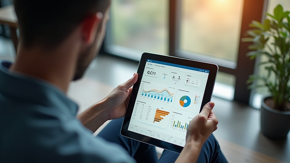 High angle view of a business owner reviewing website analytics on a tablet