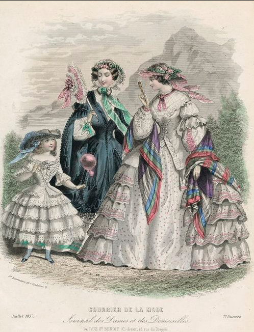 This fashion plate is dated July 1857. Long-sleeves in JULY?!