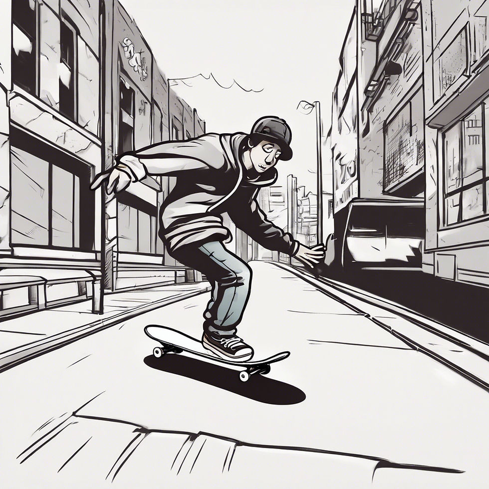 An animated cartoon image of a skateboarder riding in the street