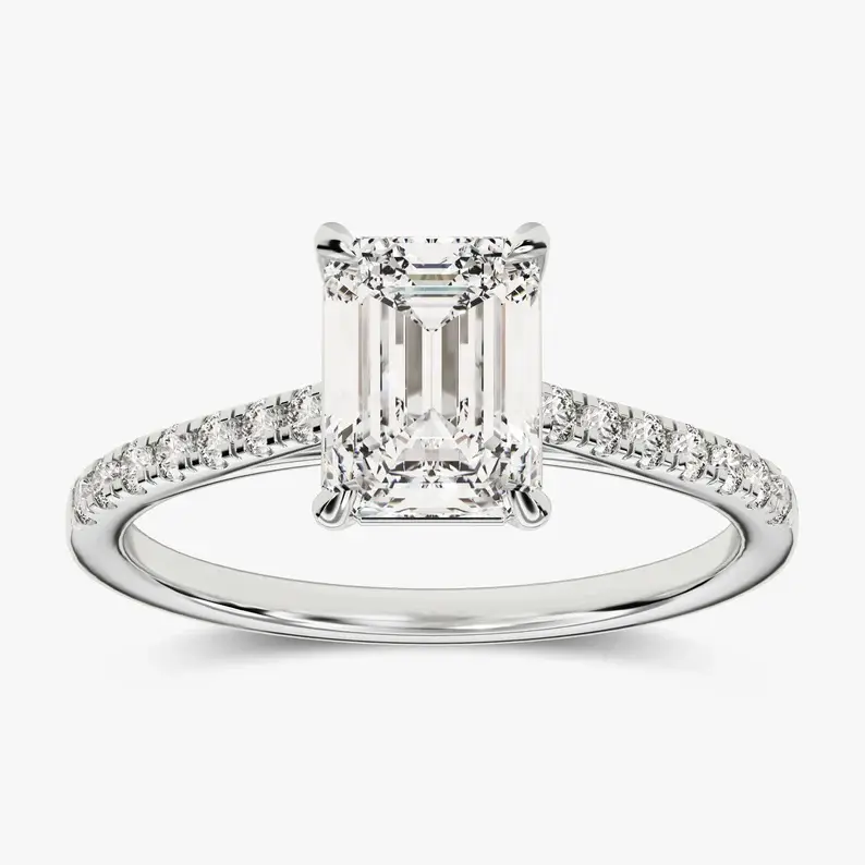 18K Solid Gold Emerald Side Accent Engagement Ring