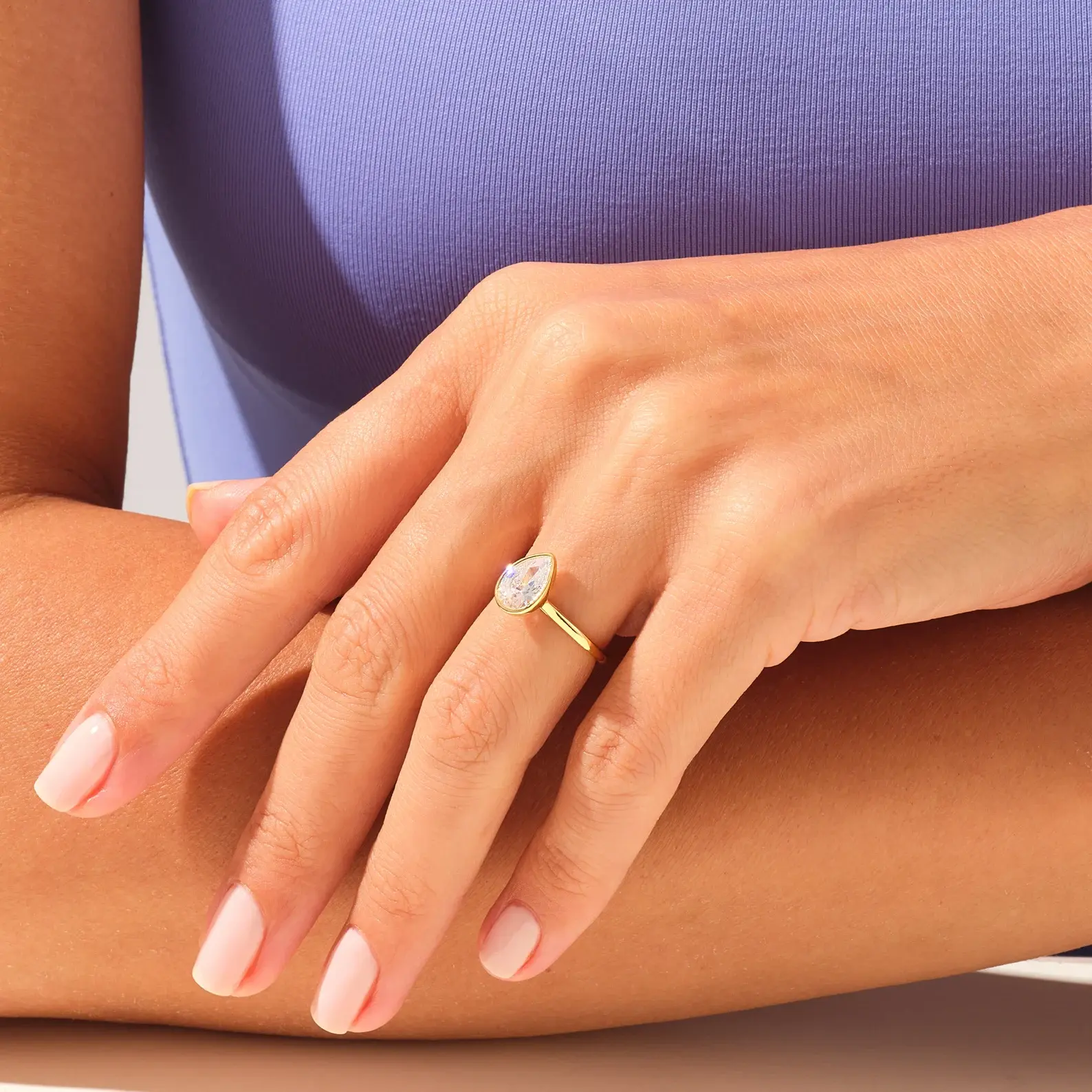 14K Solid Gold 1.5CT Diamond Bezel Set Pear Solitaire Ring